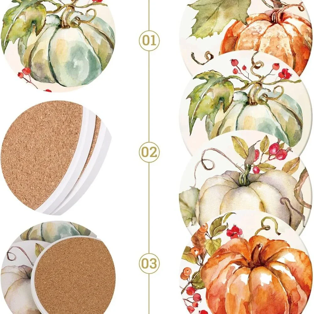 Fall Pumpkin Coaster Autumn Round Drink Coasters Absorbent Natural Ceramic Coast